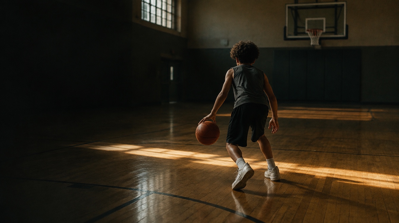 A young basketball player practicing a left-handed dribble, viewed from behind.