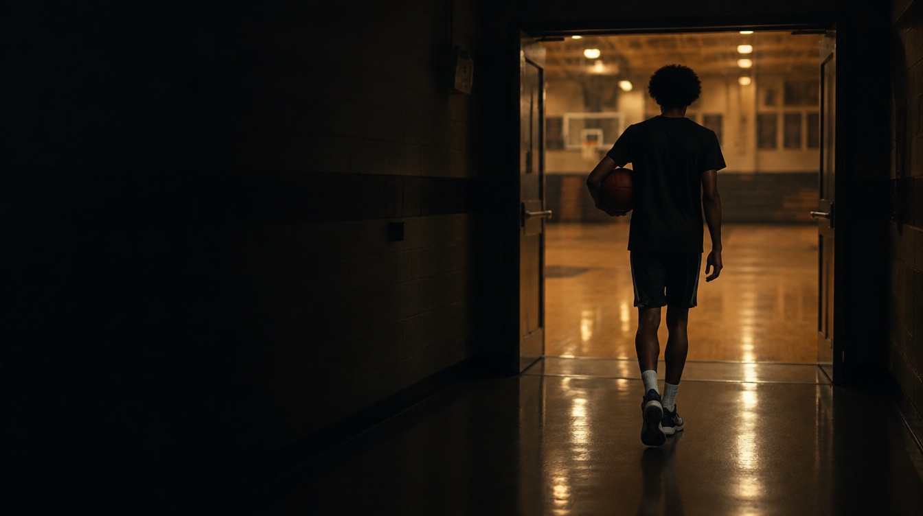 A taller player walking away from the camera toward a warmly lit basketball court.